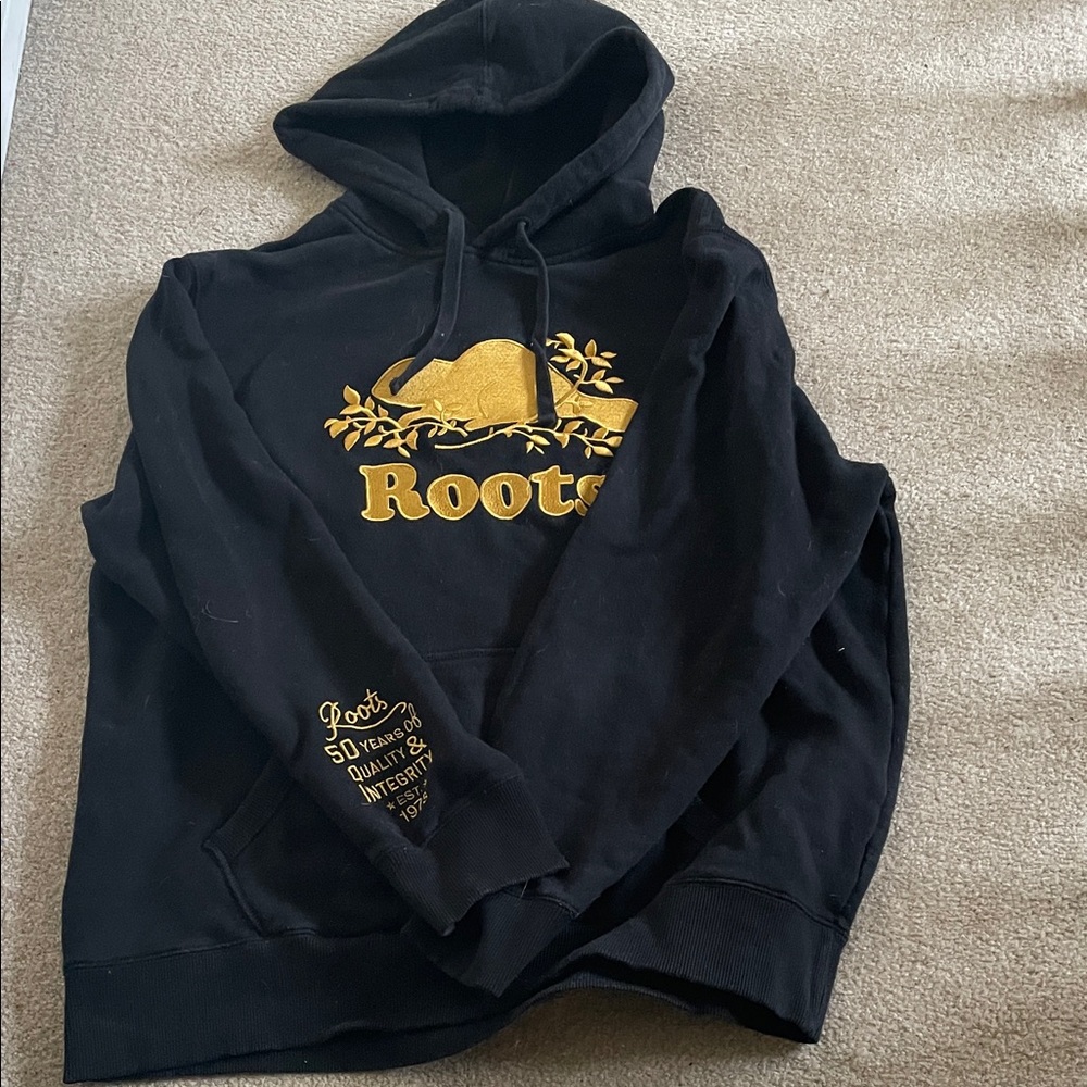 Roots Black Hoodie with Gold Logo and Embroidery